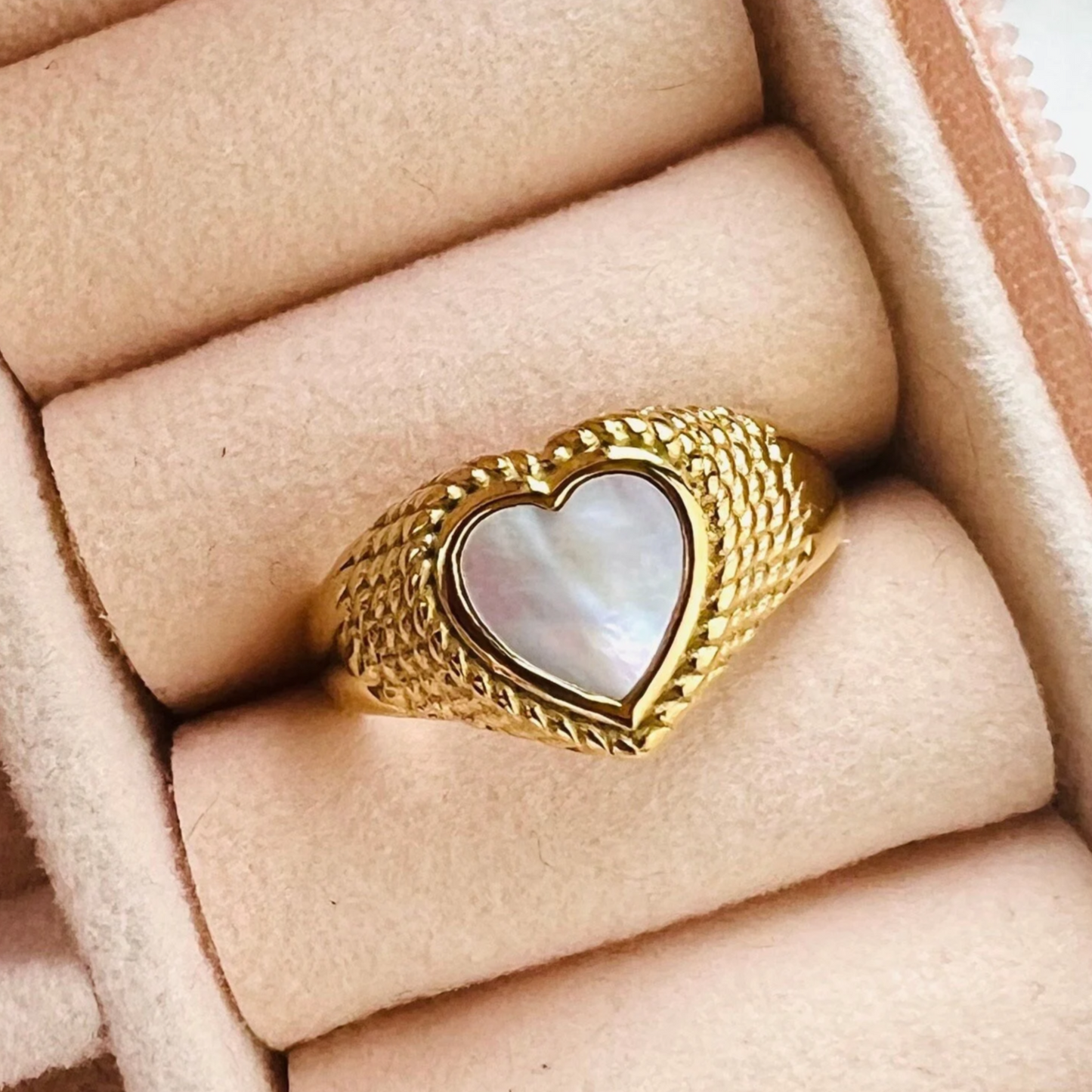 Mother of pearl ring, waterproof heart ring, non tarnish chunky ring.