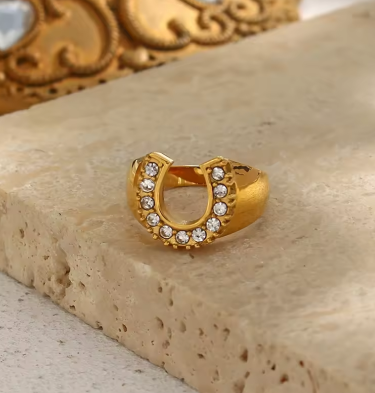 Horseshoe ring, waterproof iced out ring, gold lucky ring.