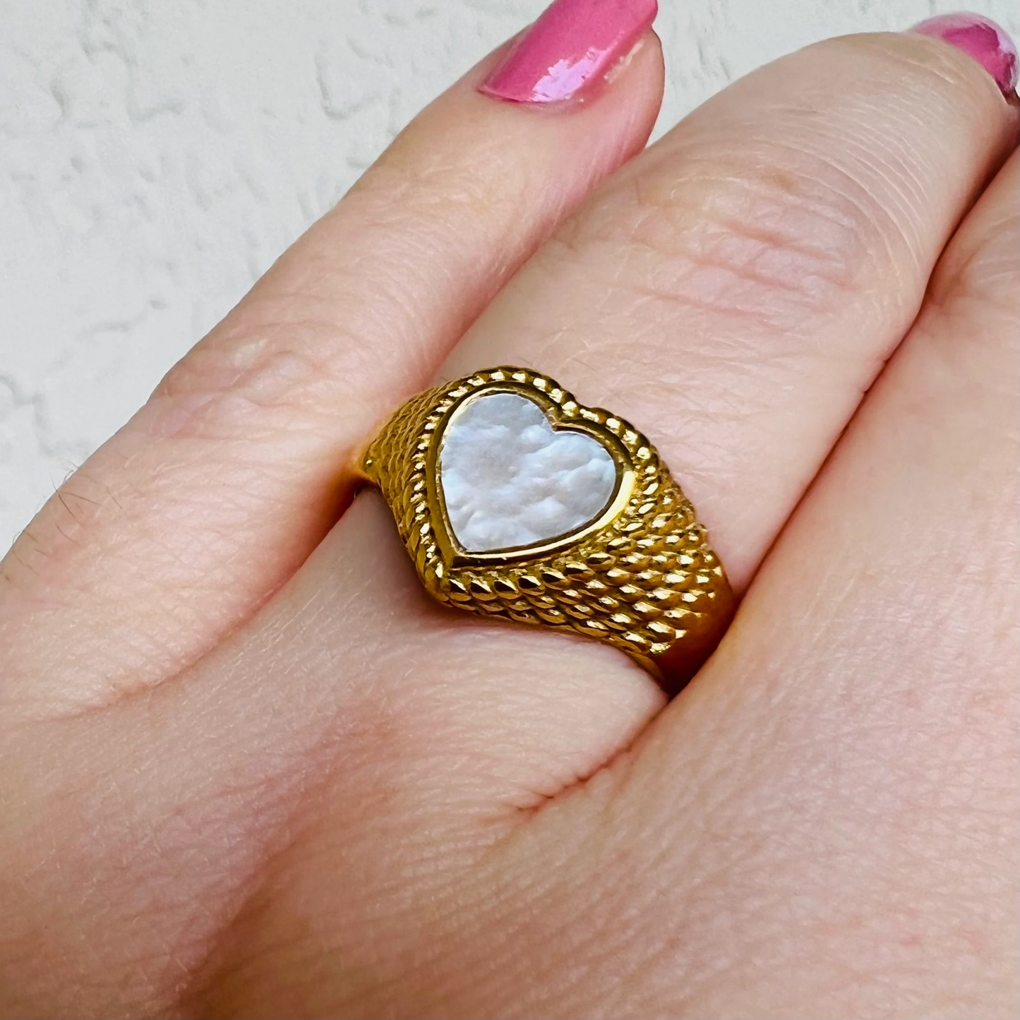 Mother of pearl ring, waterproof heart ring, non tarnish chunky ring.