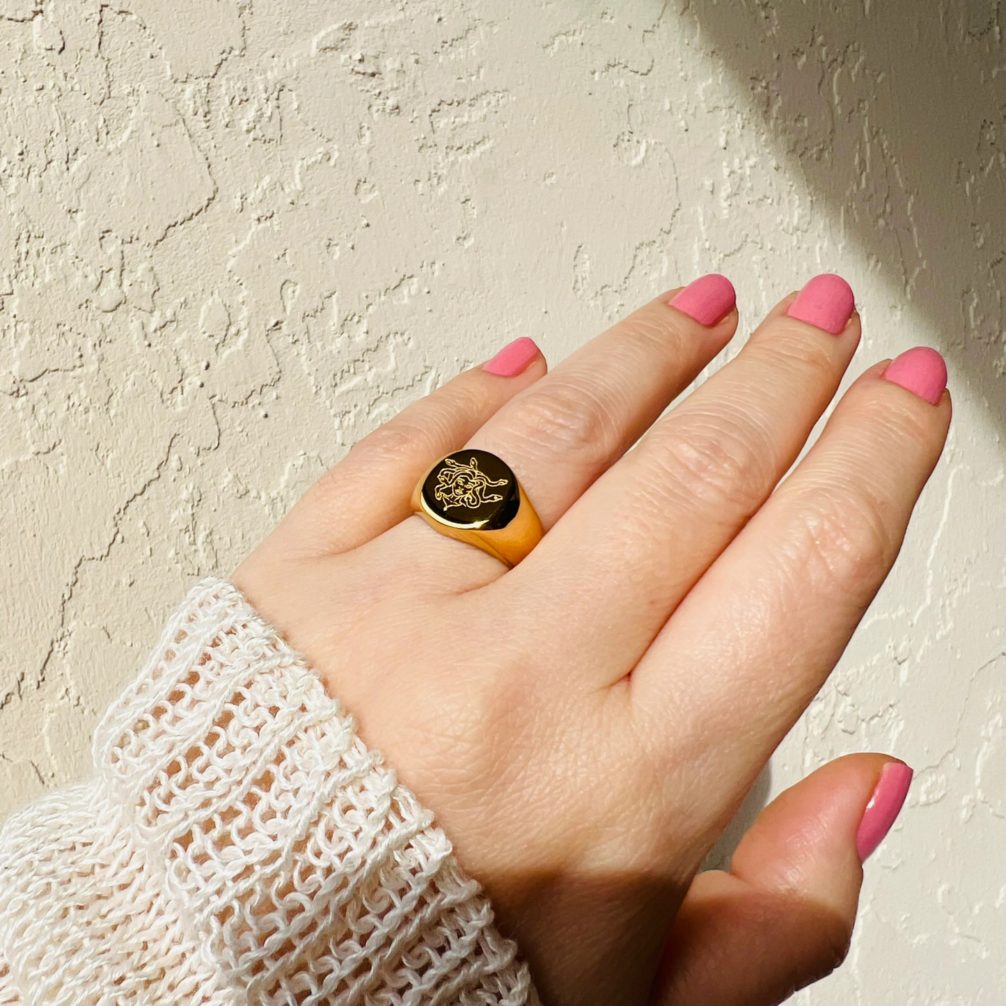 Medusa ring, non tarnish ring, Feminist ring, 18K PVD gold Subtle signet ring, Waterproof ring.