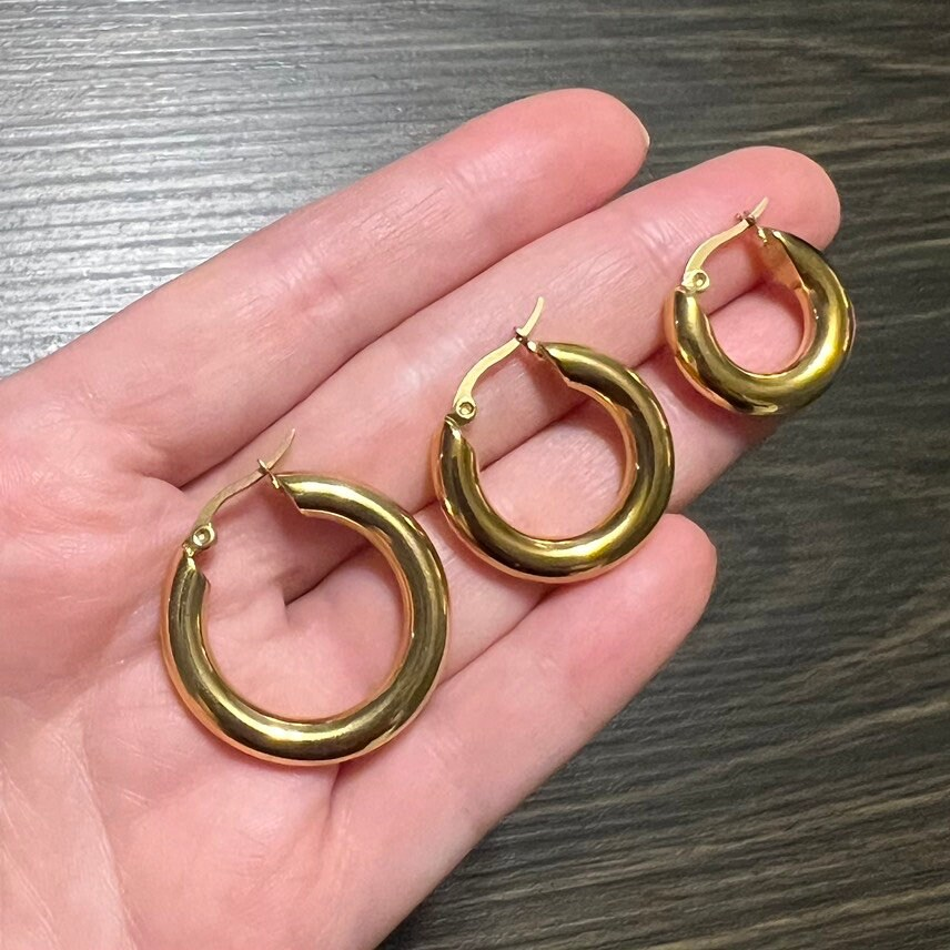 Chunky hoop earrings, Solid SS, waterproof earrings, chunky gold hoops.