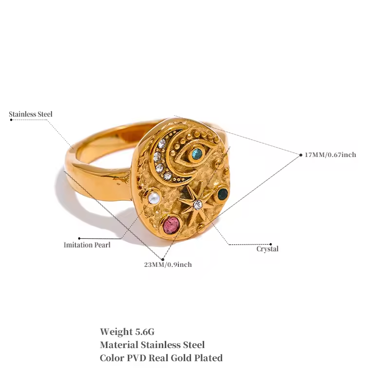 Celestial ring, waterproof evil eye ring, tarnish free sun and moon ring.
