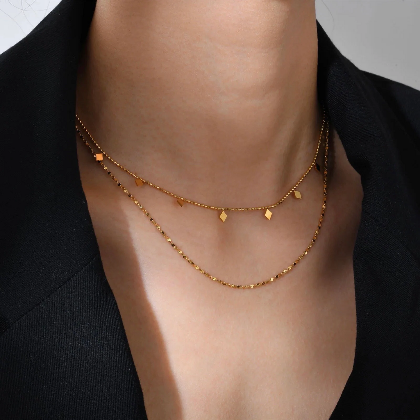 Layered necklace set, waterproof gold double strap necklace, stacking necklace.