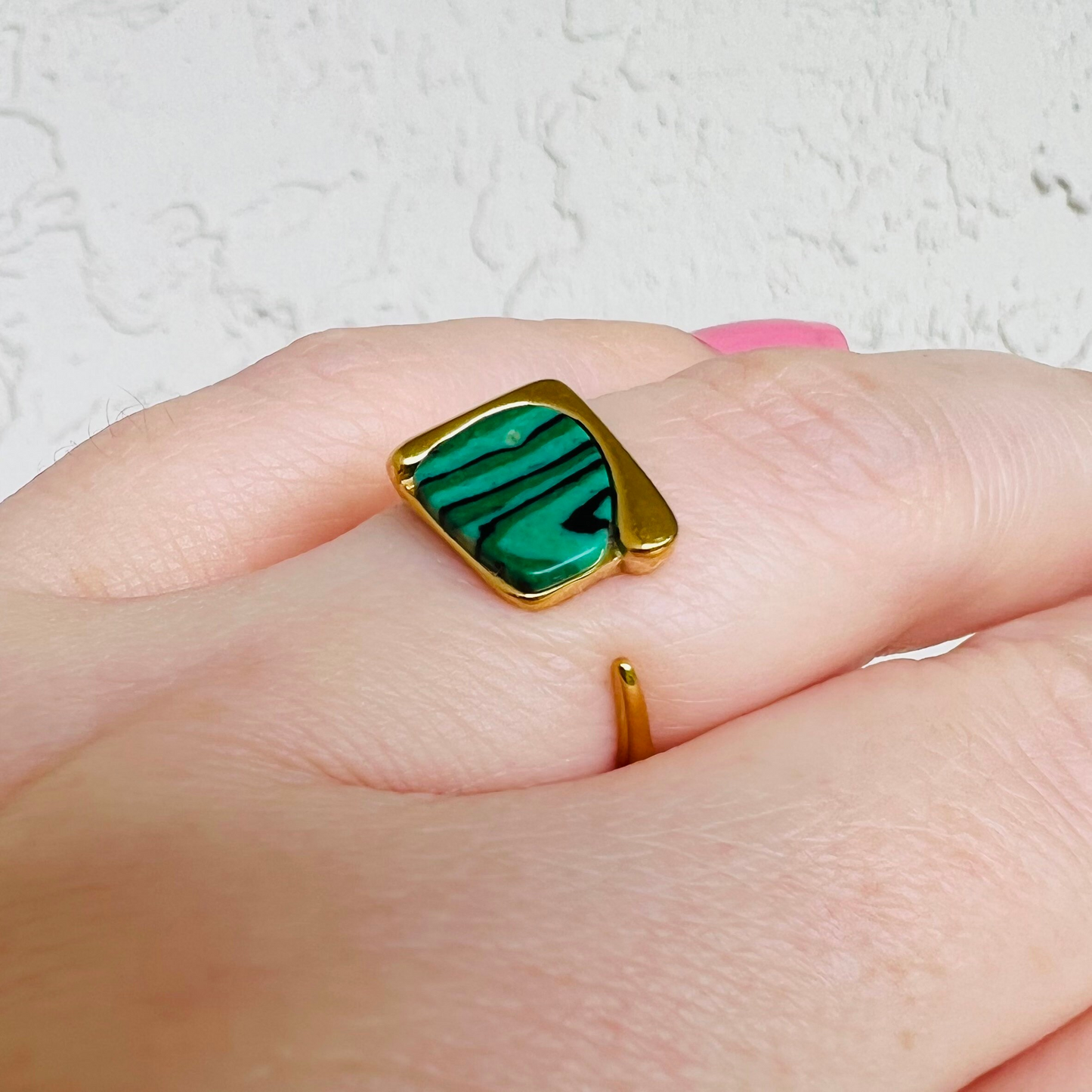 Malachite ring, waterproof green stone ring, open Lab man-made stone ring.