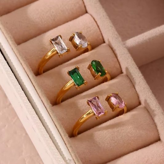 Simulated pink diamond, emerald and white diamond open ring, waterproof rings.