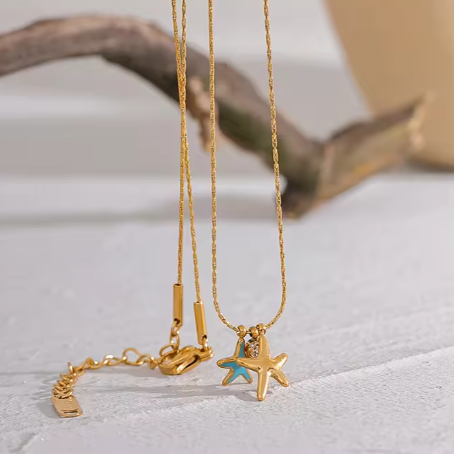 Starfish necklace, summer waterproof necklace, dainty gold beach necklace.