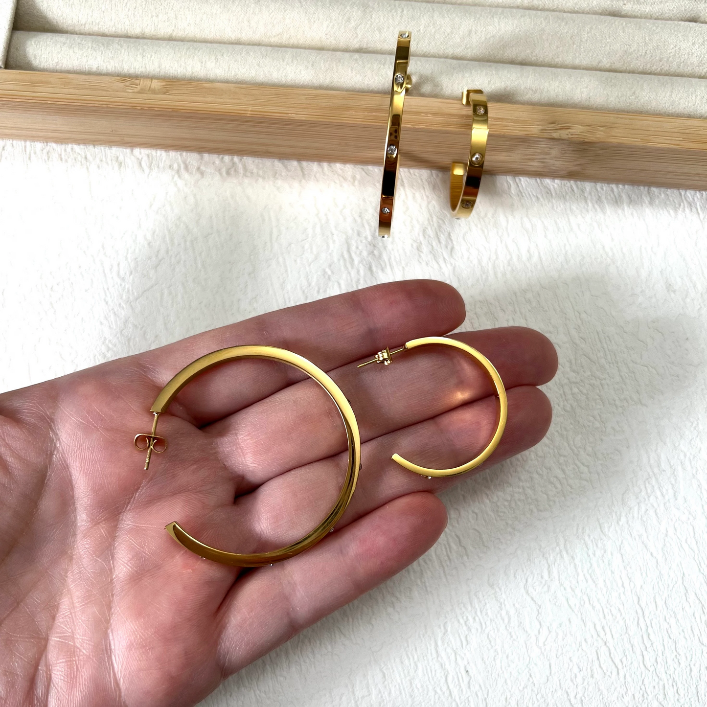 Thick hoop earrings, waterproof earrings, medium hoop earrings, chunky gold hoops.