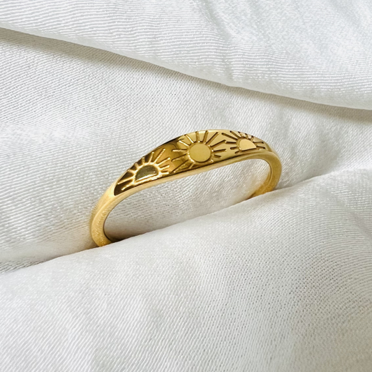 Sun ring, waterproof celestial ring, sunburst signet ring.