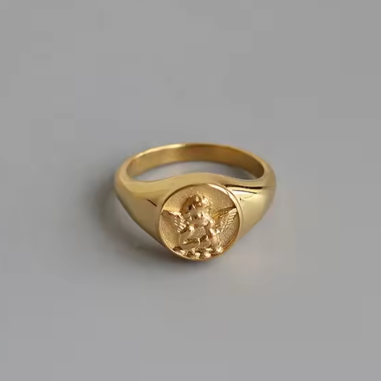 Angel ring, waterproof chunky ring, non tarnish signet ring, vintage ring look.