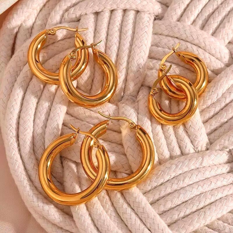 Chunky hoop earrings, Solid SS, waterproof earrings, chunky gold hoops.