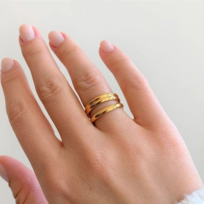 Double band ring, waterproof ring, non tarnish ring, simple modern two bands ring.