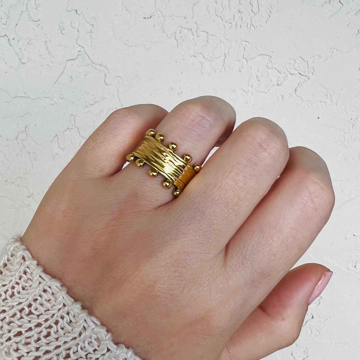 Gold hammered ring, Tarnish free ring,18K PVD gold cigar ring, Waterproof ring, irregular ring, textured ring.