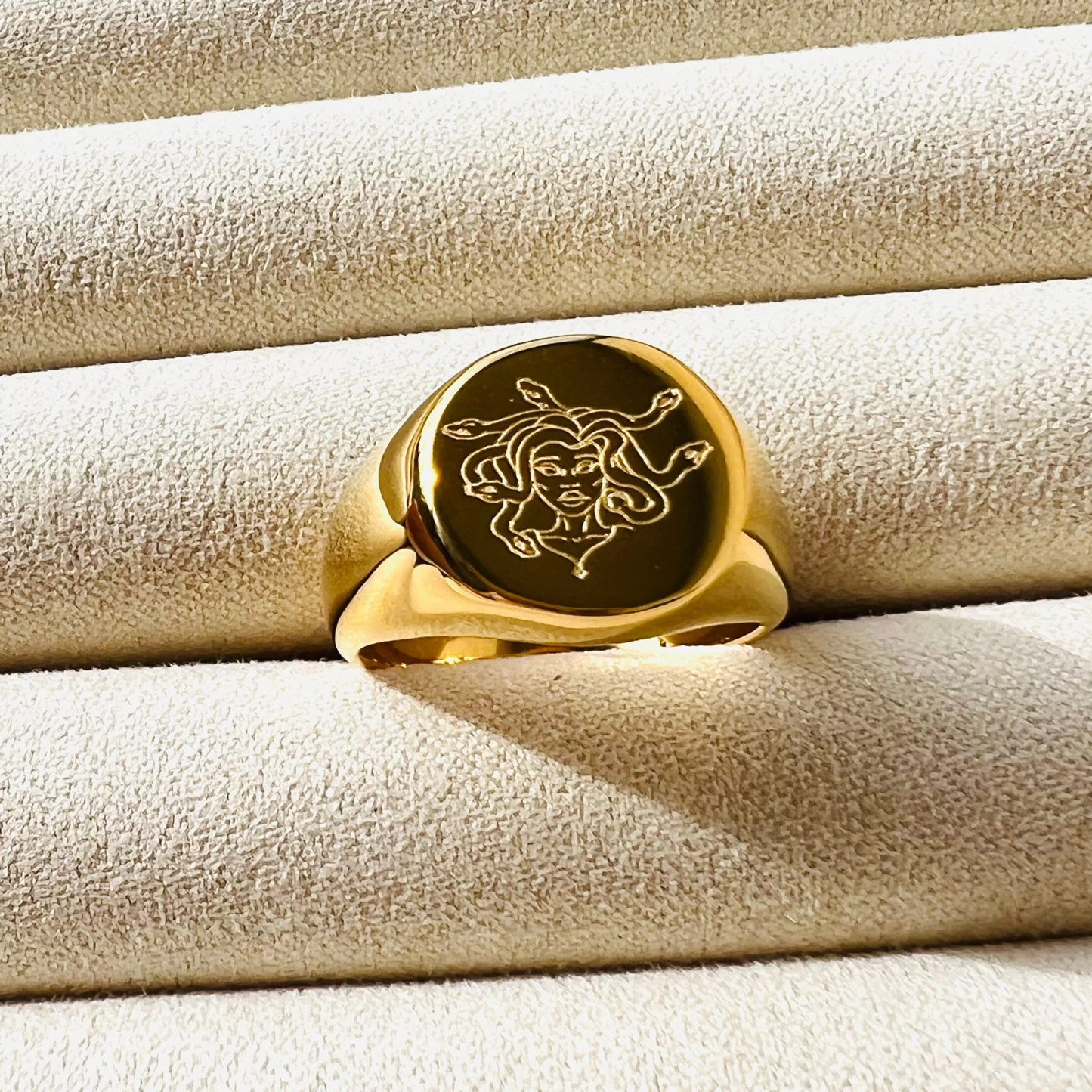 Medusa ring, non tarnish ring, Feminist ring, 18K PVD gold Subtle signet ring, Waterproof ring.