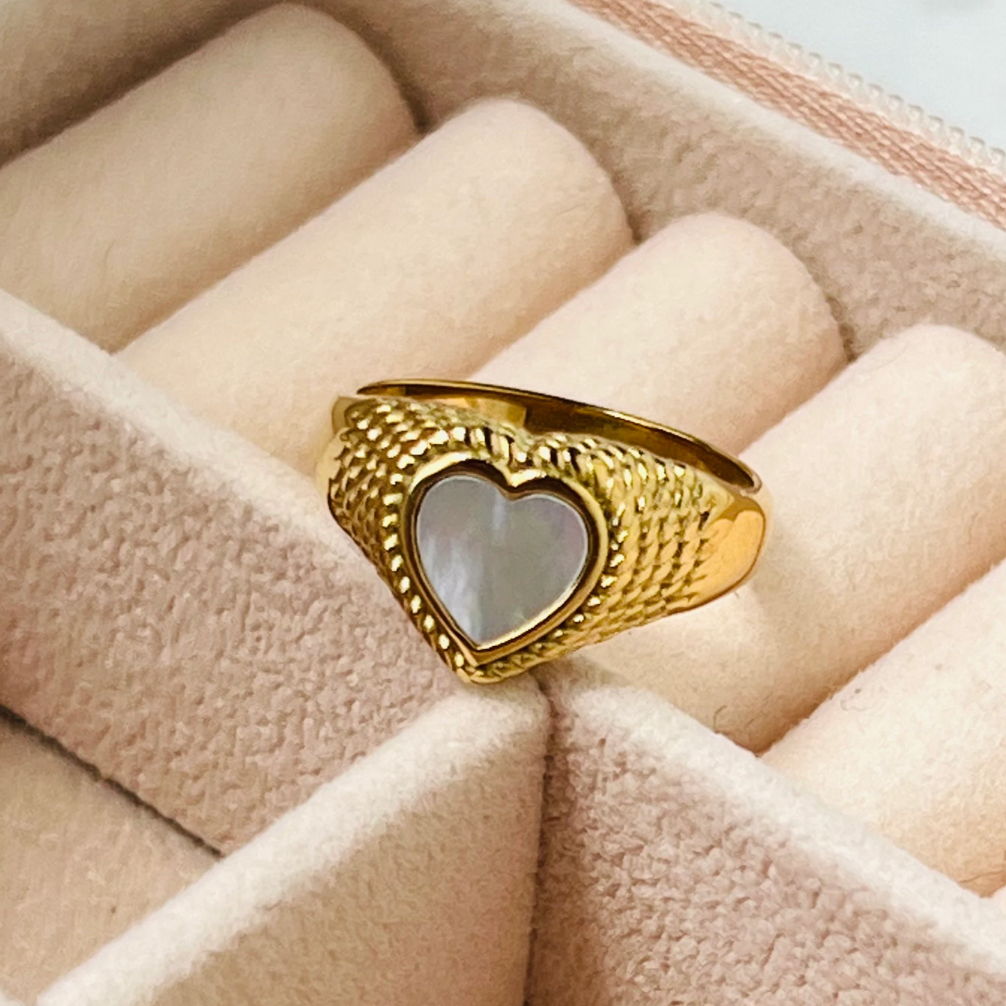 Mother of pearl ring, waterproof heart ring, non tarnish chunky ring.